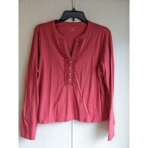 Land's End Women's Pink Long Sleeve V-neck Buttoned Cotton Top Size L